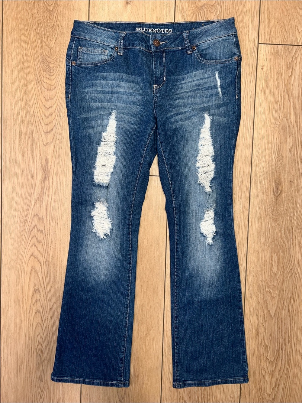 Bluenotes Women's Dark Blue Distressed Curvy Slim Boot Cut Jeans